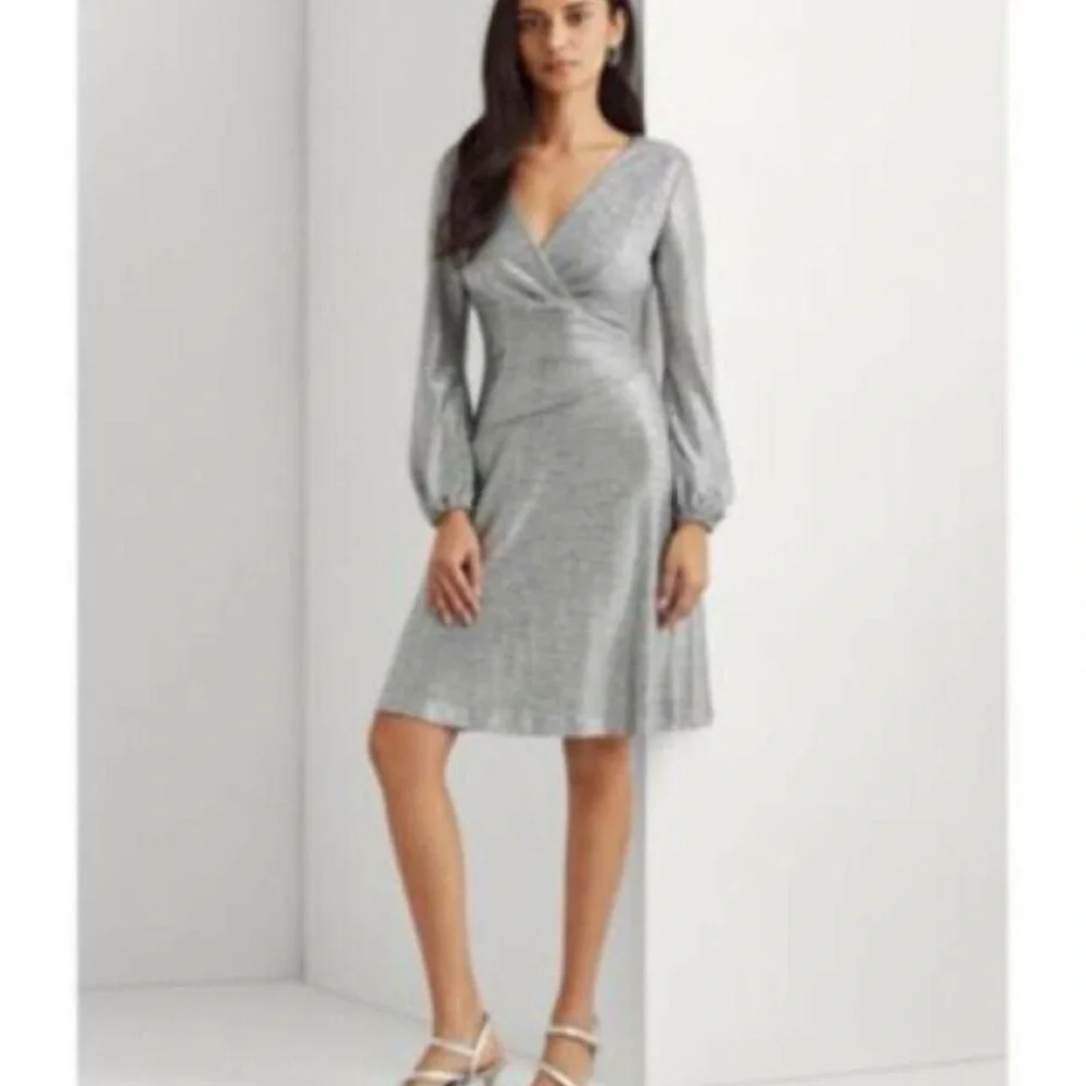 Ralph Lauren Dress Size 14 Shimmering Silver Long Sleeve Black Label